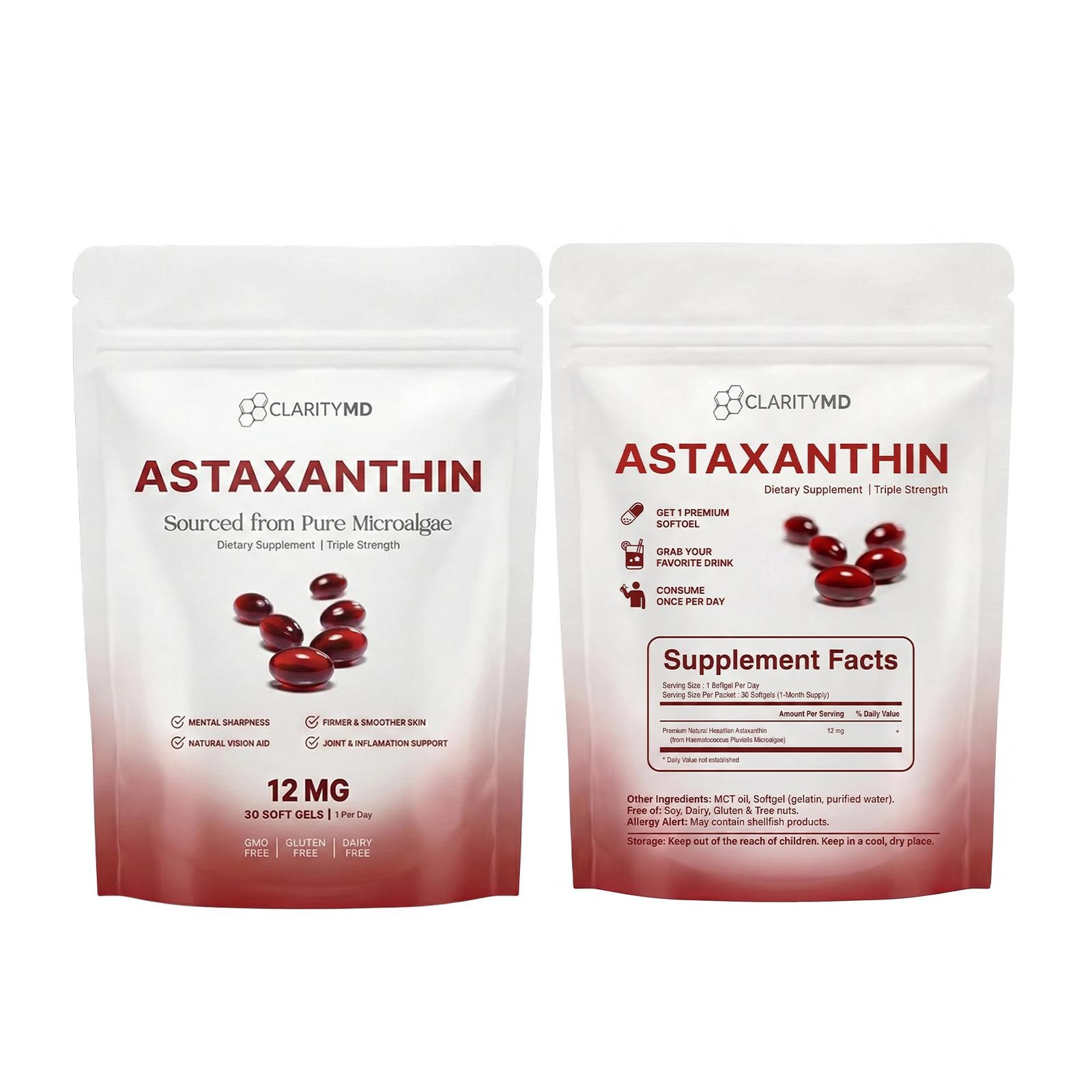 Astaxanthin 12mg Antioxidant Supplement 30 Softgels Natural Microalgae