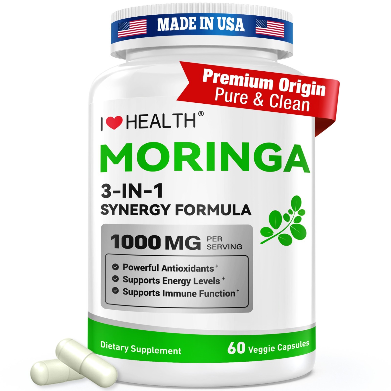 Moringa Capsules with Black Pepper, Turmeric Supplement for Immune Support