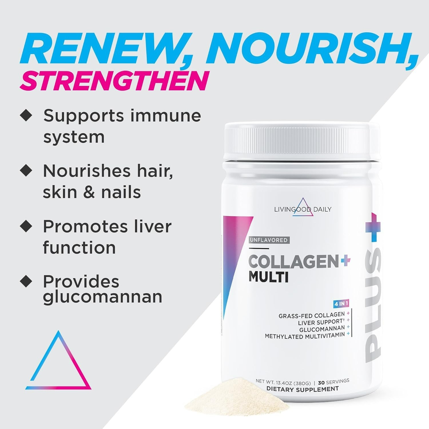 Livingood Daily Collagen Powder for Women & Men, Unflavored, 30 Servings
