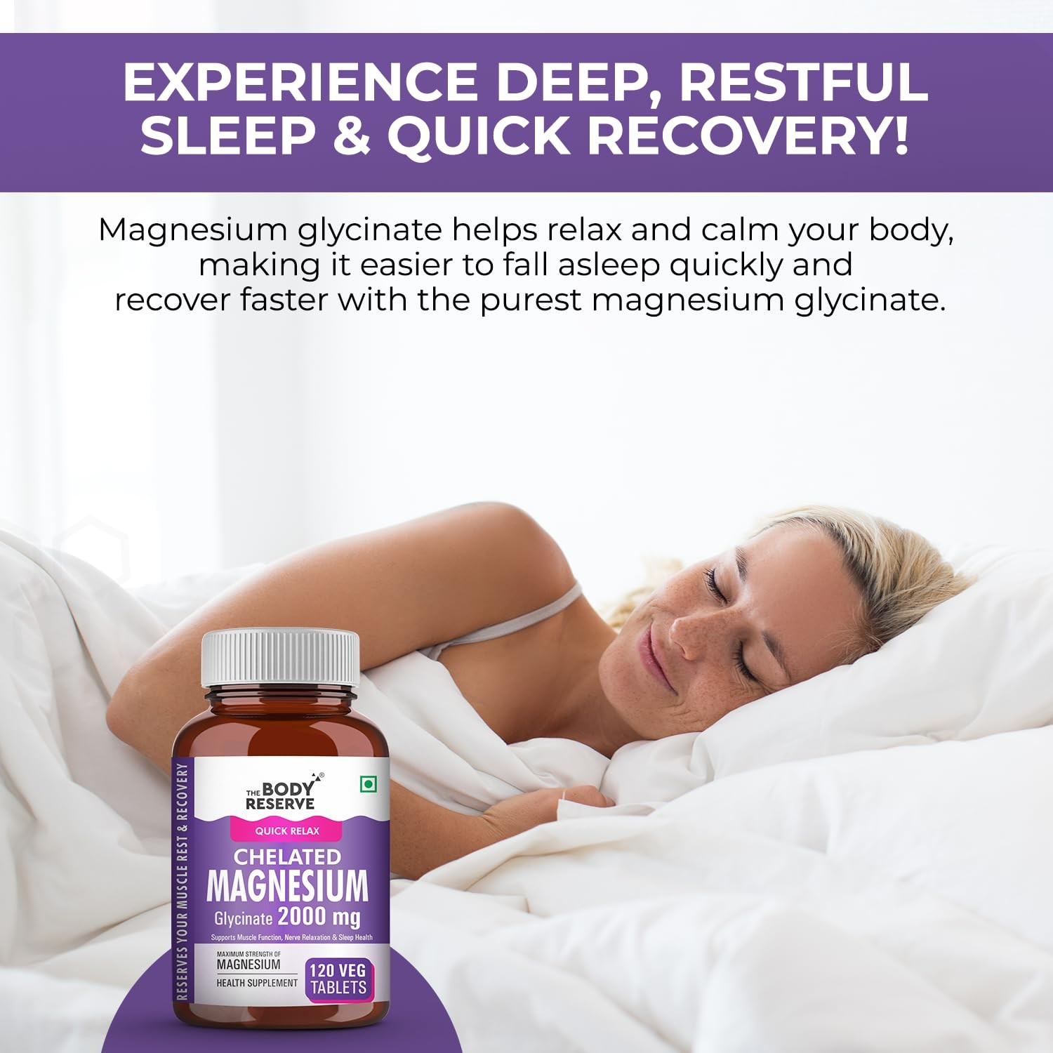 The Body Reserve Magnesium Glycinate 120 Veg Tablets, 2000mg Better Sleep relax