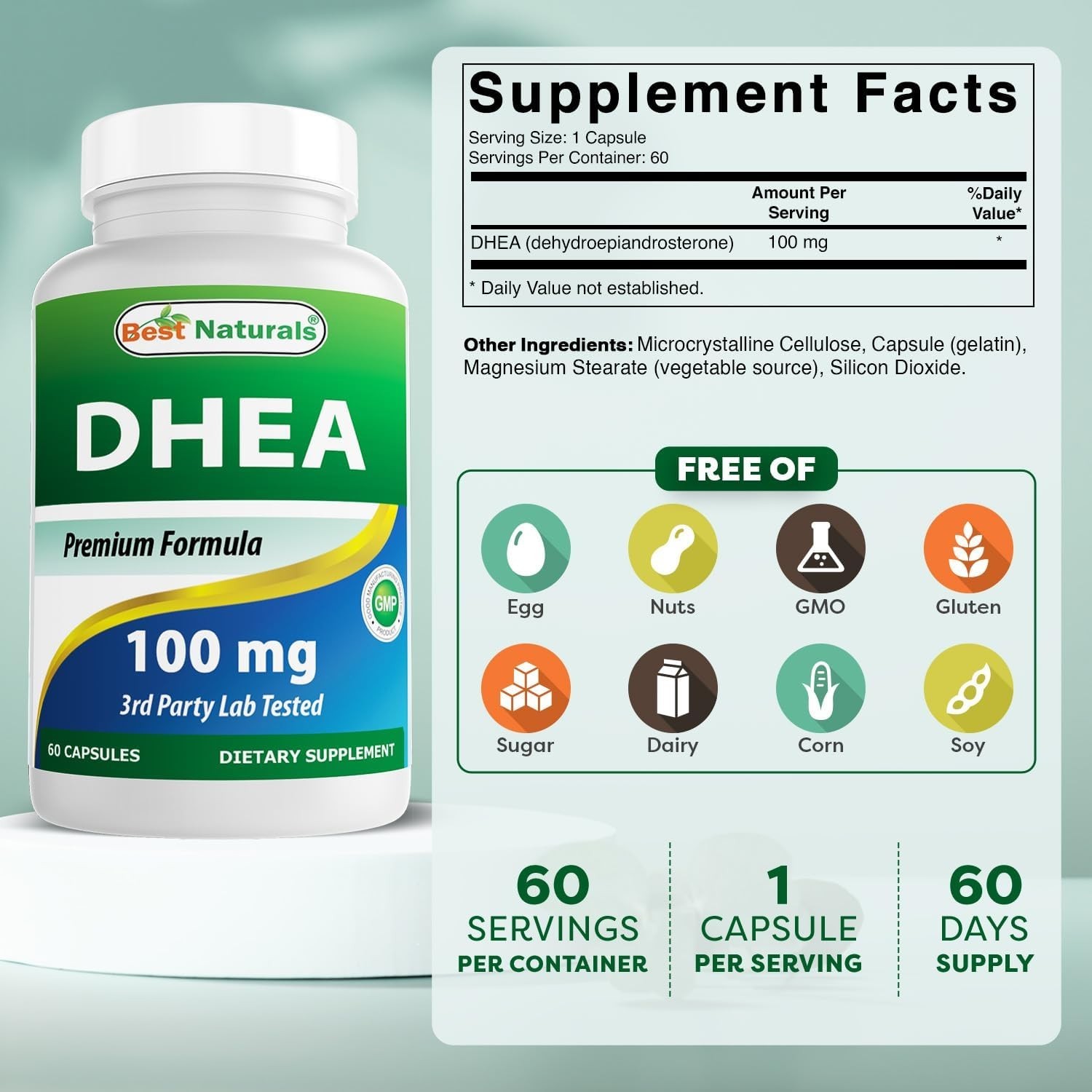 DHEA 100mg | 60 Capsules | #1 High Quality Supplement USA Non-GMO Gluten Free