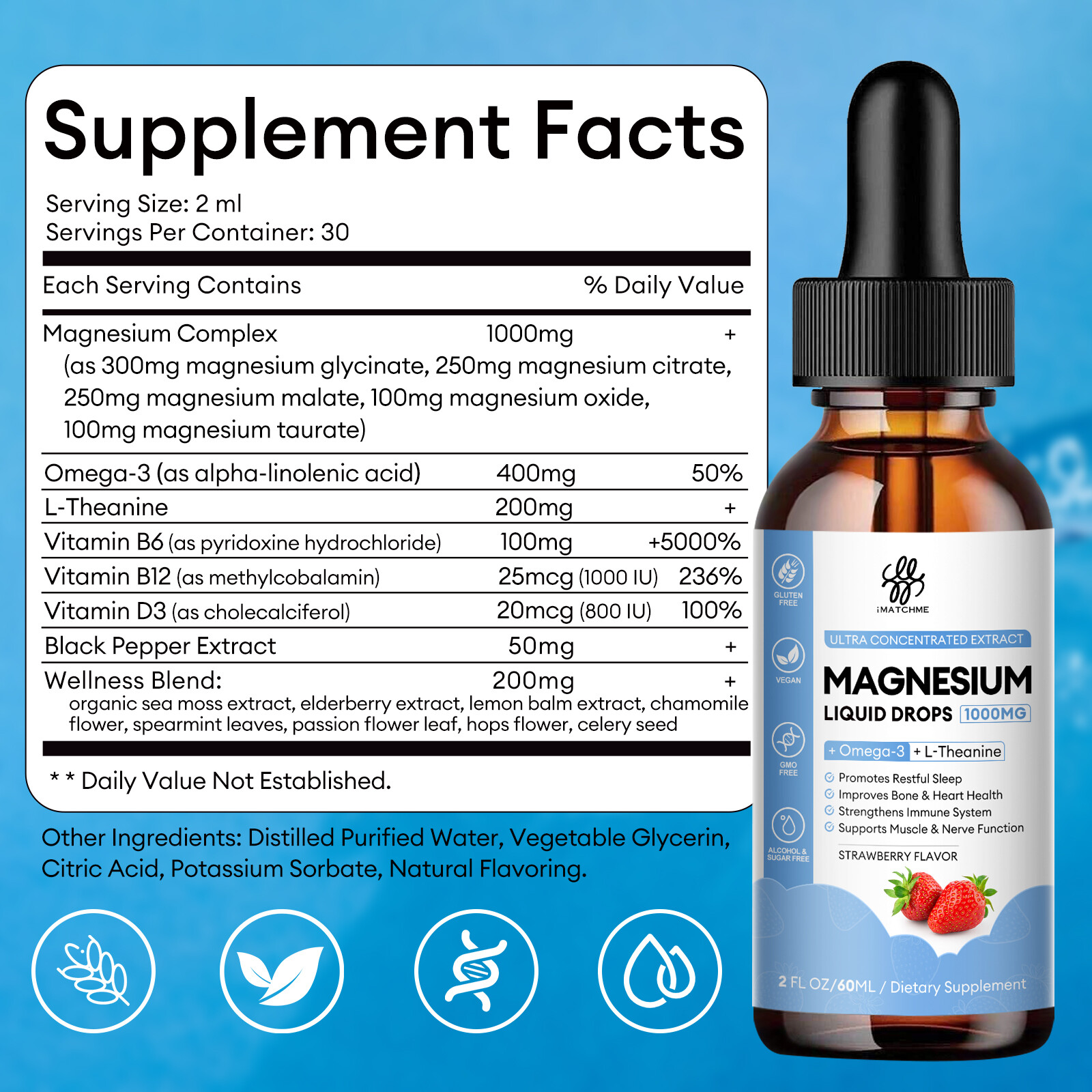 1x Magnesium Taurate Liquid 60ml Drops Magnesium Potassium Supplement 1000mg