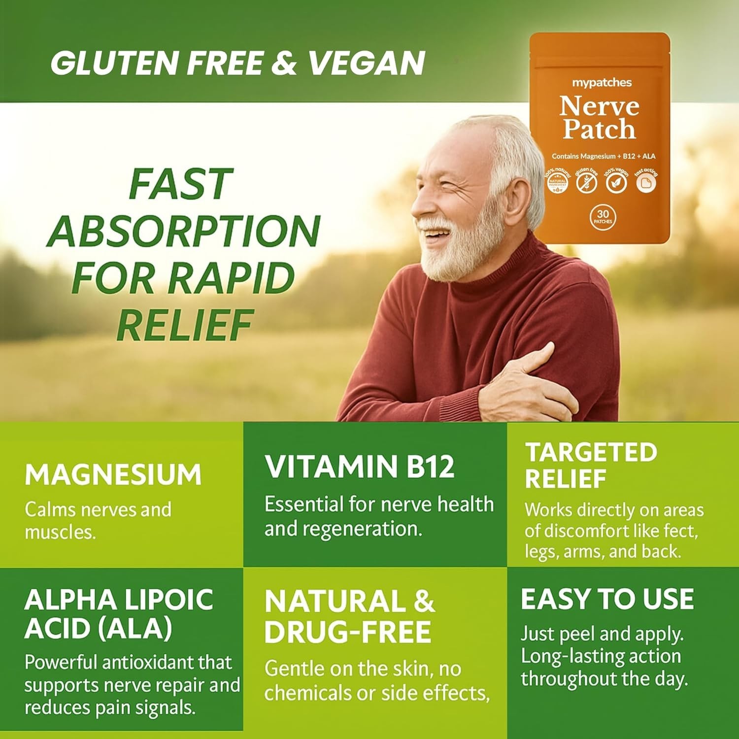 3x mypatches Nerve Patch with Magnesium, B12 Alpha Lipoic Acid – with Natural