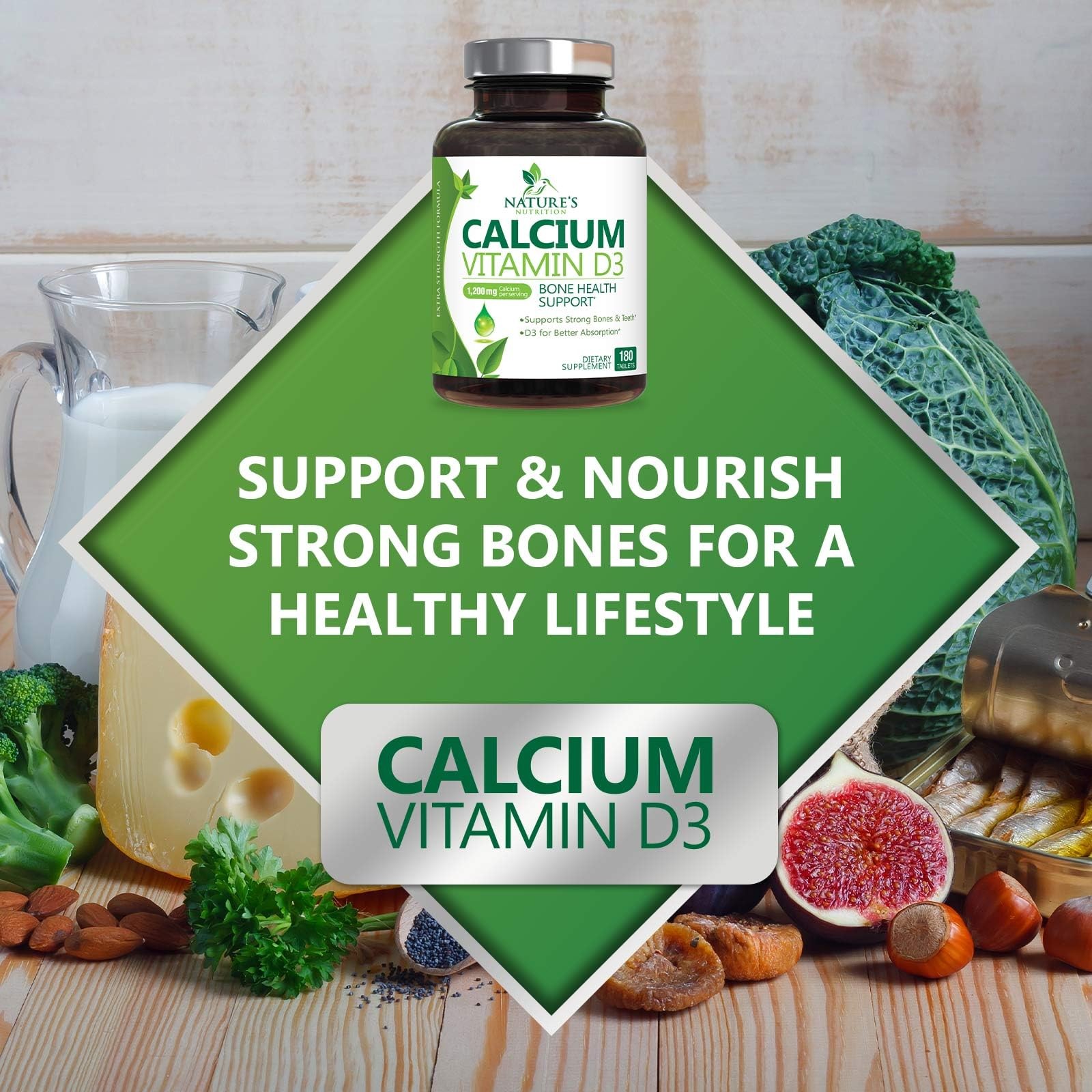 Calcium Supplement with Vitamin D3-1200 mg per 180 Count (Pack of 1)