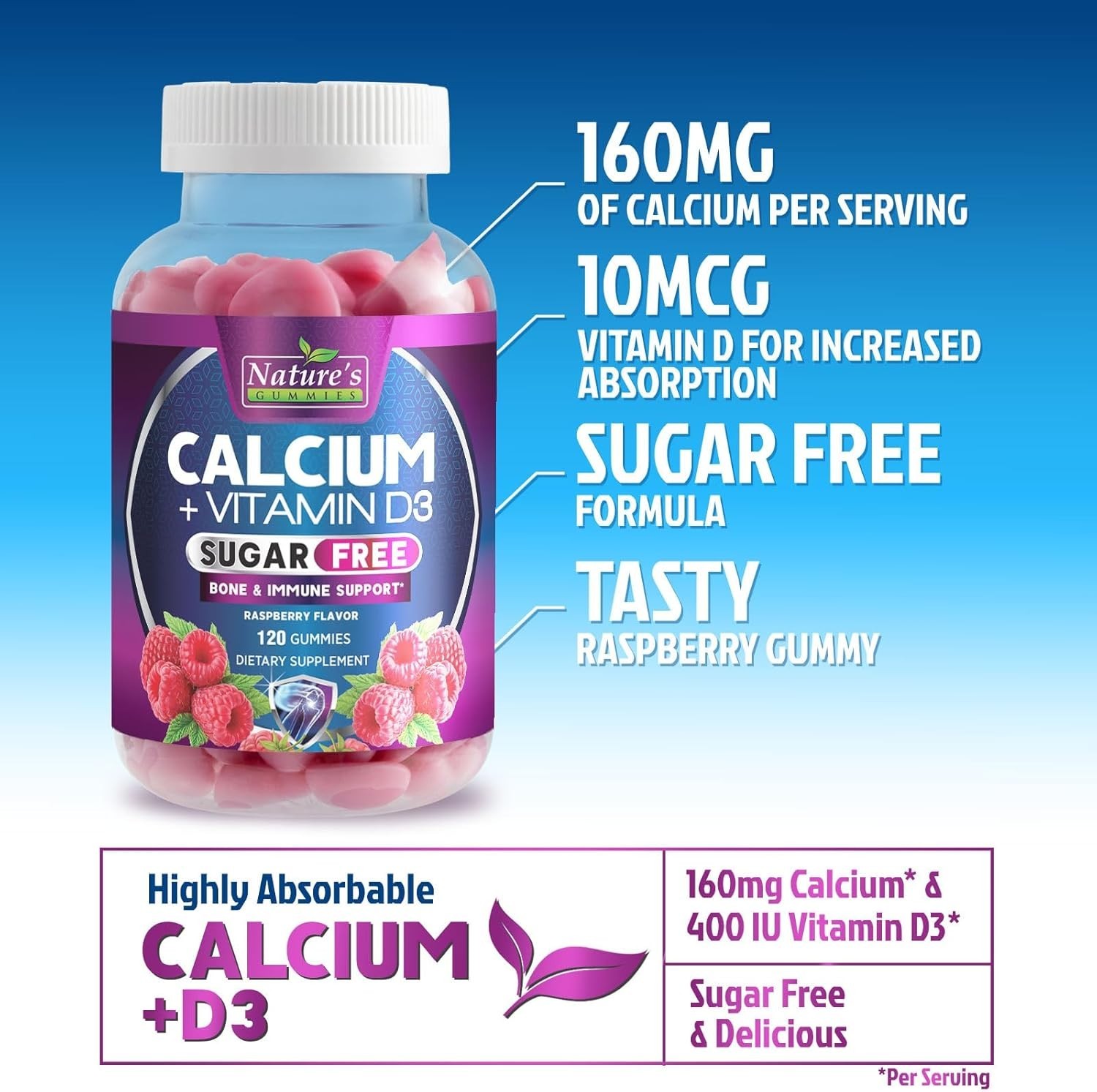 Calcium Gummies with Vitamin D3, Sugar Free Calcium Gummy for Adults & Kids