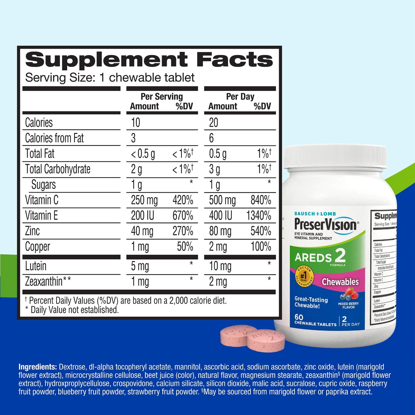 Chewable Eye Vitamins for Macular Support, Lutein, Zeaxanthin, Vitamin C & E, 60