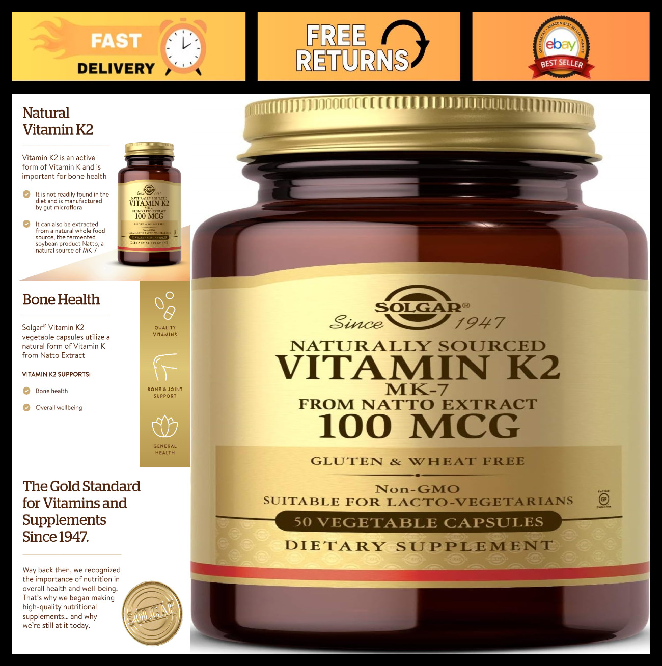 Vitamin K2 MK-7 100 mcg – 50 Veg Capsules – Supports Bone Health – Non-GMO, Glut