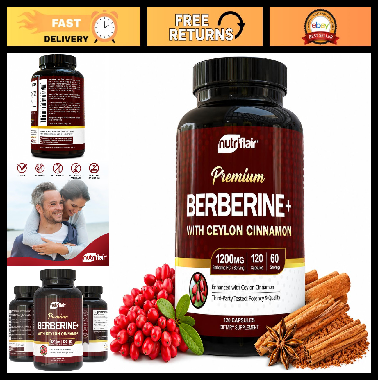Berberine HCl 1200mg Capsules with Ceylon Cinnamon – Dietary Supplement, 120 Pil