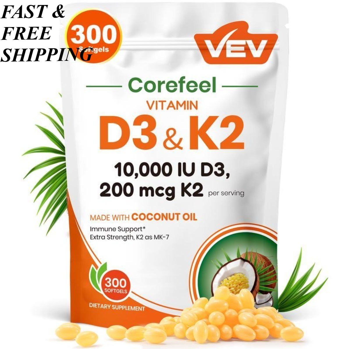 VEV Vitamin D3 K2 MK7 Softgels,10000IU D3 +200mcg K2 Coconut Oil,300 Count 3PCS