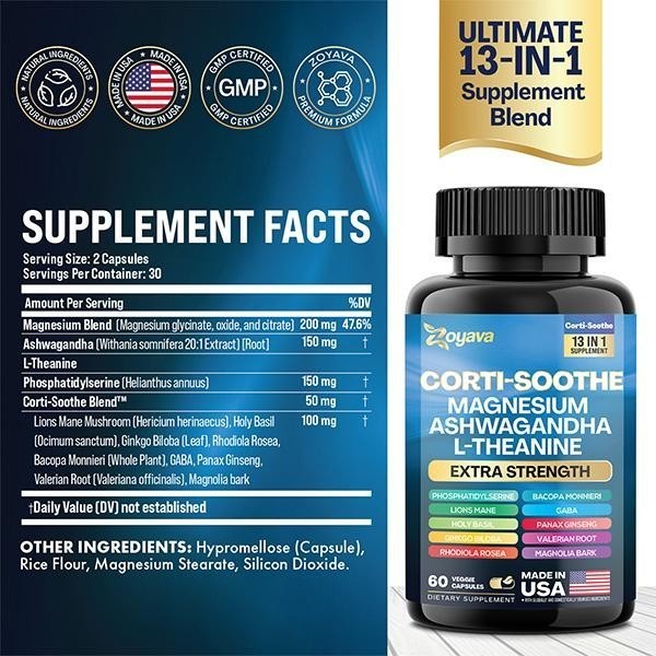 Zoyava Corti-Soothe Magnesium,Ashwagandha,L-Theanine – Supports Cortisol Balance