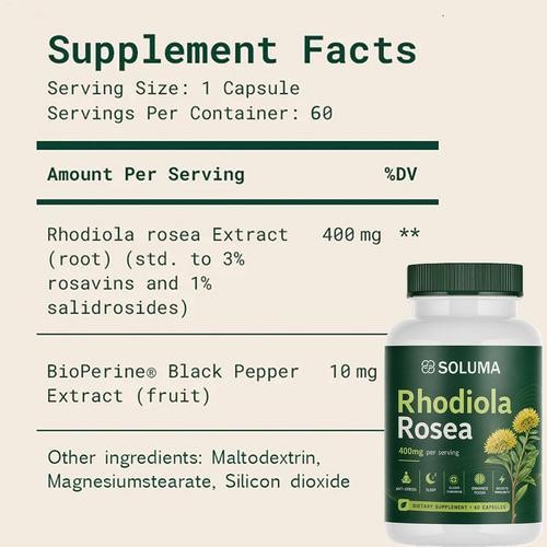 Soluma Rhodiola Rosea, 400mg Per Serving With Bioperine, 60 Capsules (1Set)