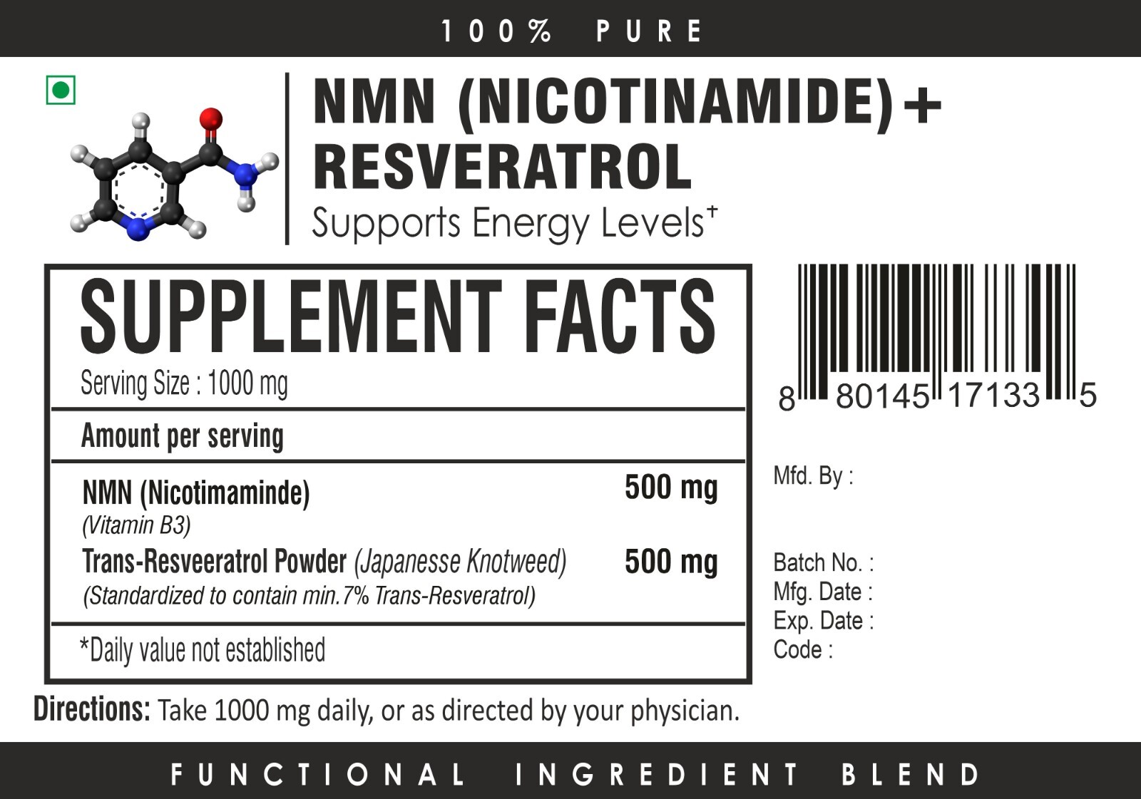 NM + Resveratrol NAD Supplement Nicotinamide Immune Support Energy Focus Boost