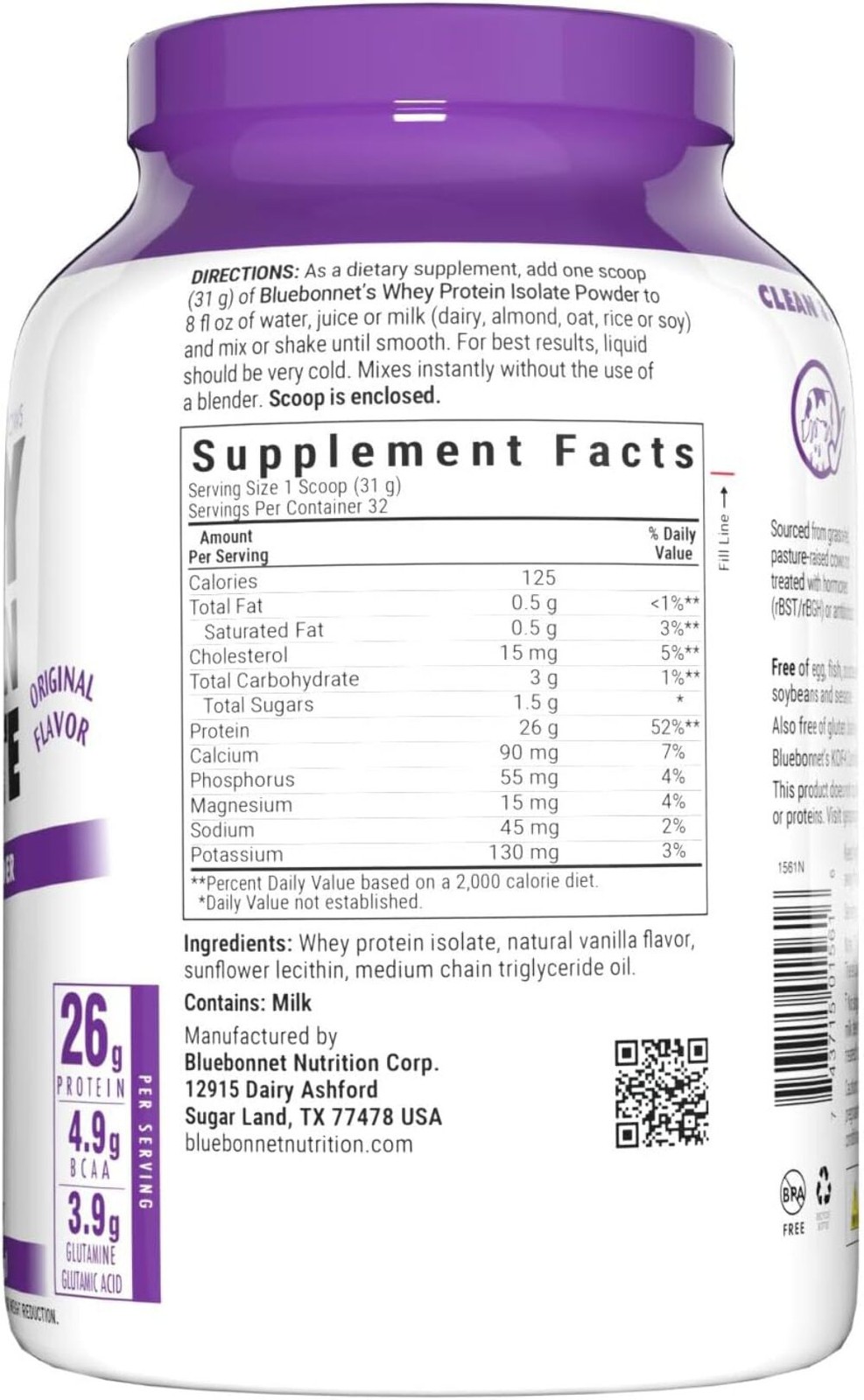 Bluebonnet Nutrition – WHEY PROTEIN ISOLATE ORIGINAL FLAVOR 2.2 lbs 05/27