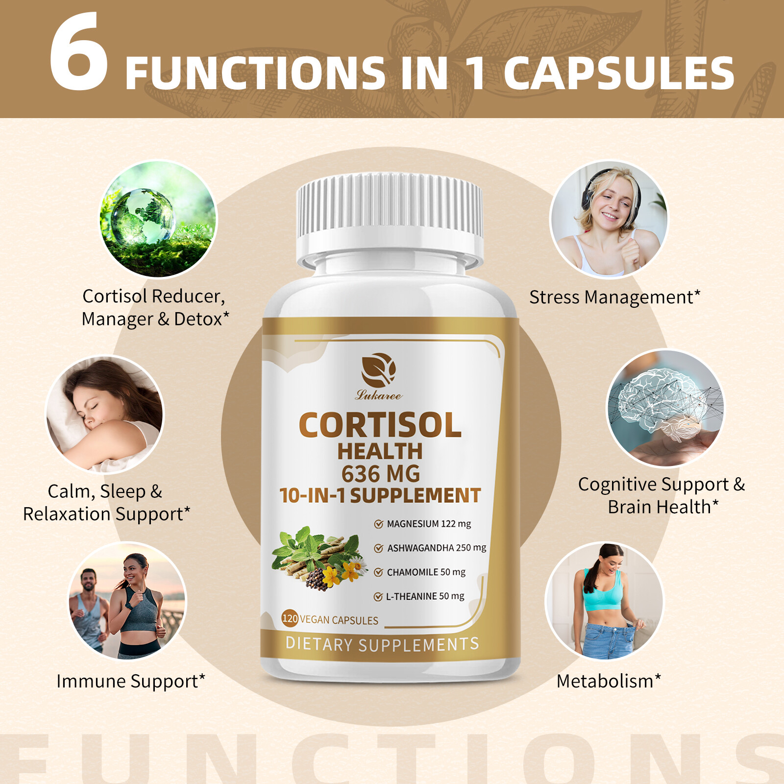 Cortisol Supplements Ashwagandha, Magnesium Relaxation & Night Support 120P