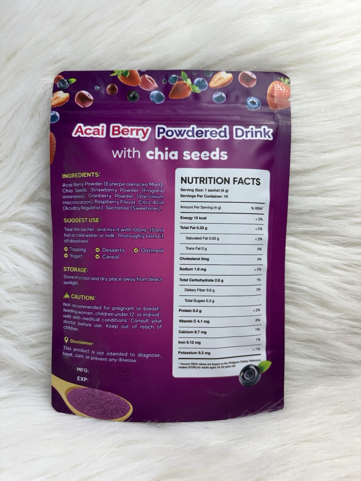 FITGUM Acai Berry Drink Powder with Chia Seeds 10 Sachets Daily Beverage