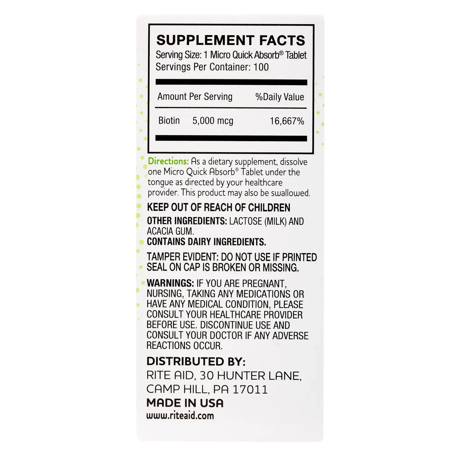 Twin Pack- RITE AID Biotin Instant Dissolve Tablets-5000 mcg-EX. 3/25-100 Ct. EA