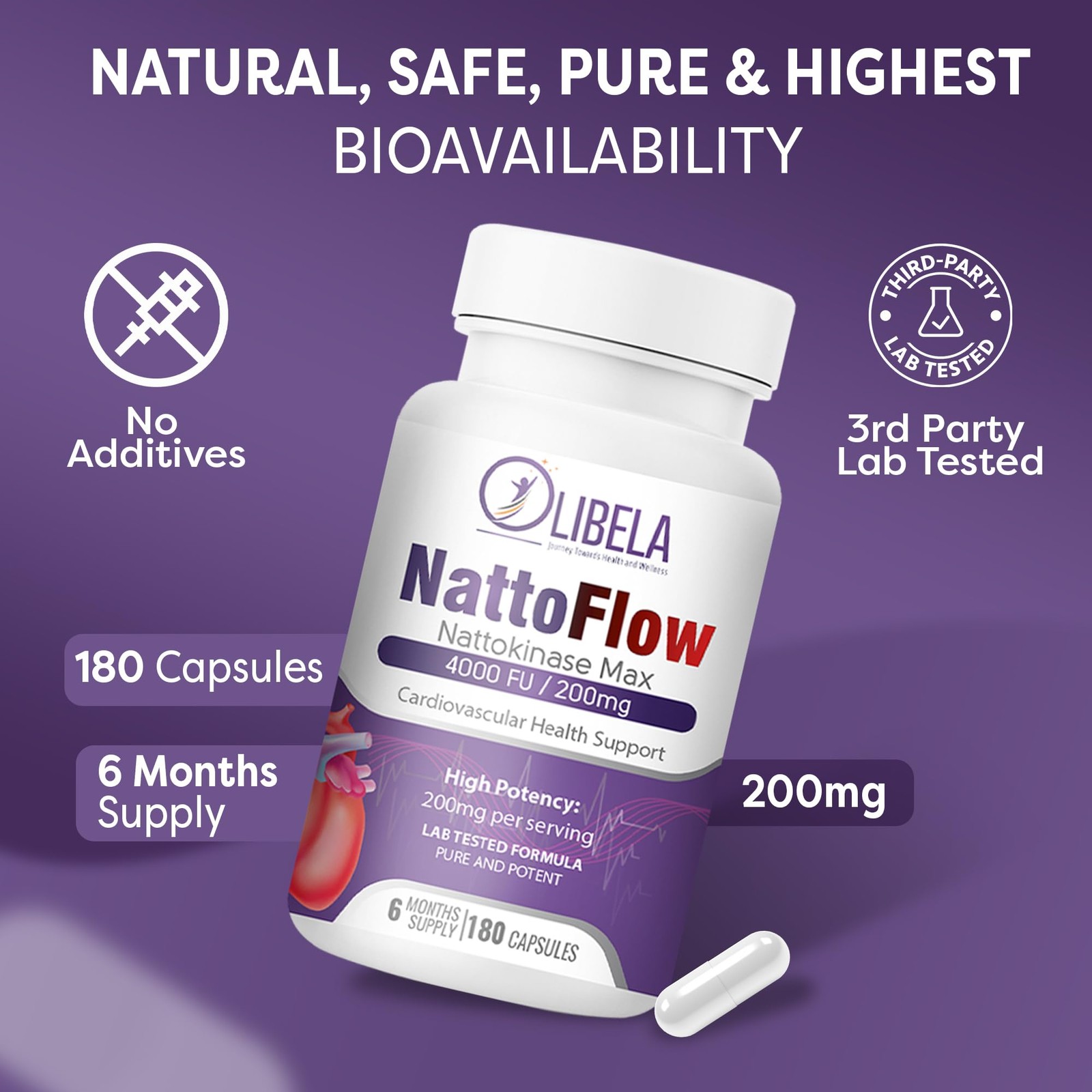OLIBELA Nattokinase 4,000 FU 180 Capsules 180 Count (Pack of 1), Neutral