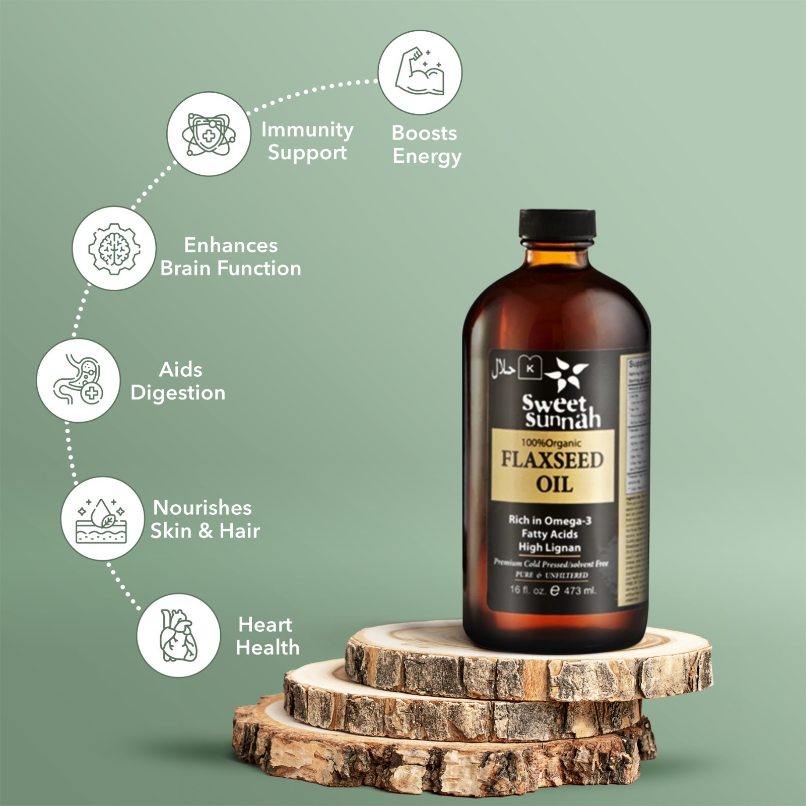 FLAX SEED OIL – Organic Omega 3 Heart Brain Skin Hair Digestion Support – 16oz