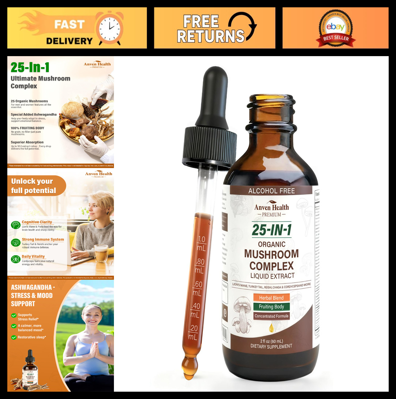 25-in-1 Mushroom Complex Drops 2oz | Immunity, Energy, Cognition Boost, Non-GMO