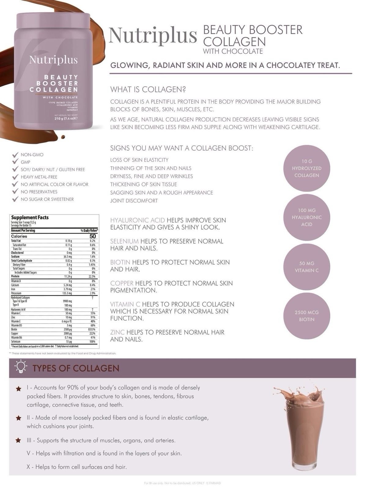 Farmasi Nutriplus Beauty Booster Chocolate Collagen Powder 210g 7.4oz New
