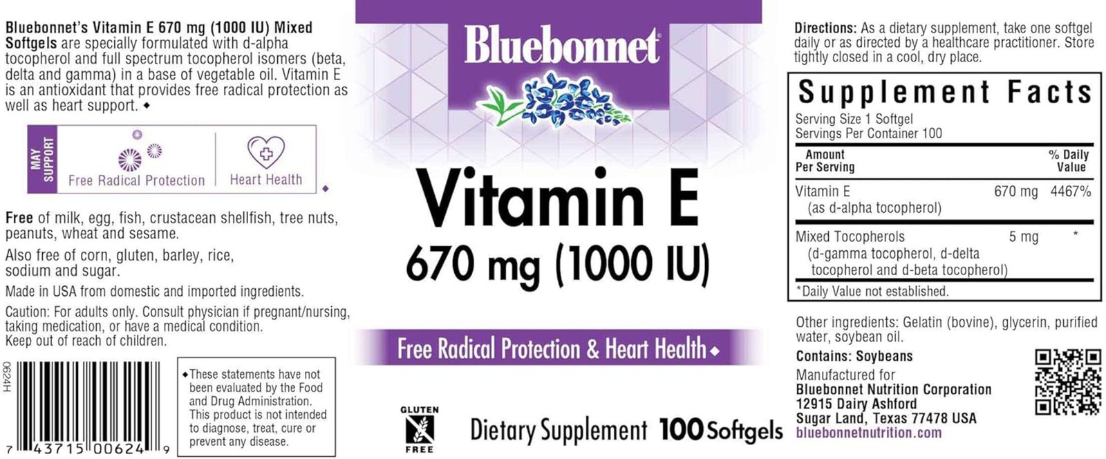 Bluebonnet Nutrition – VITAMIN E 670 MG (1000 IU) 100 SG EXP 07/26