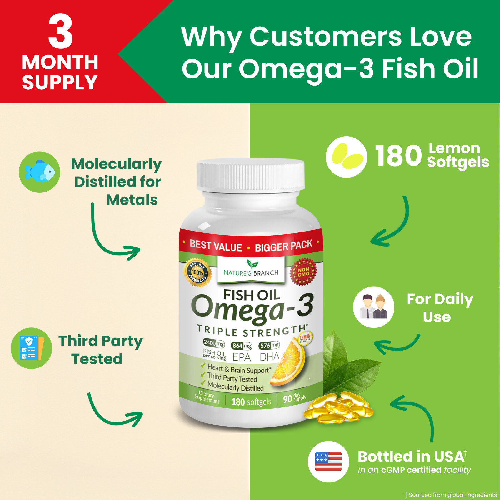 BEST Triple Strength Omega 3 Fish Oil Pills (3 MONTH SUPPLY) 2400mg HIGH POTENCY