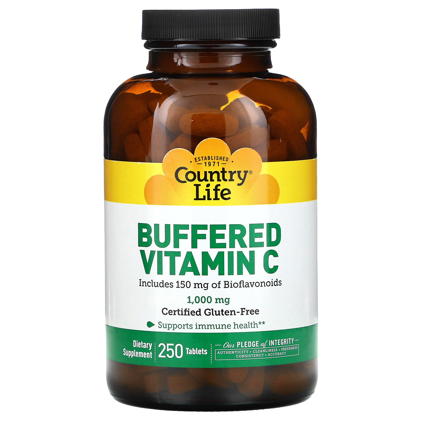 Country Life Buffered Vitamin C 1000 mg 250 Tablets No Artificial Flavors ,