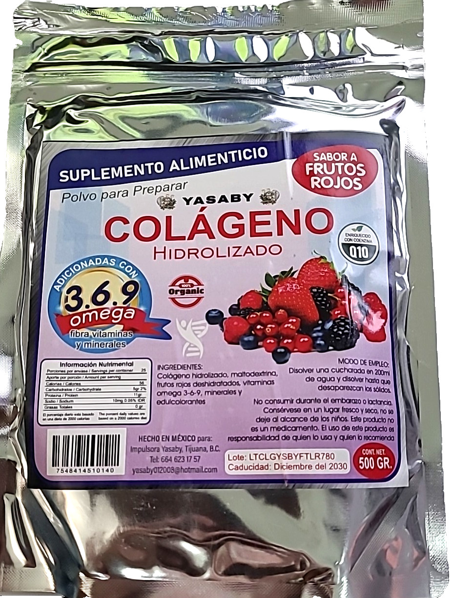 Colageno Hidrolizado 500g, Omega 3-6-9 ( Q10 )(Sabor Frutos Rojos ) ( 1 Bag )
