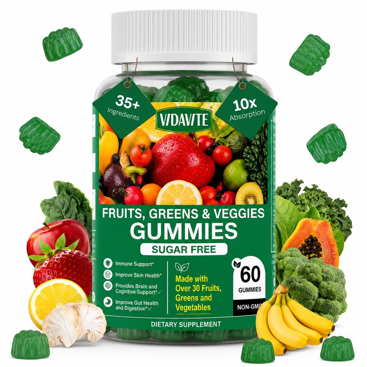VIDAVITE Sugar-free Super Greens Gummies — 1 Count (Pack of 60), Green