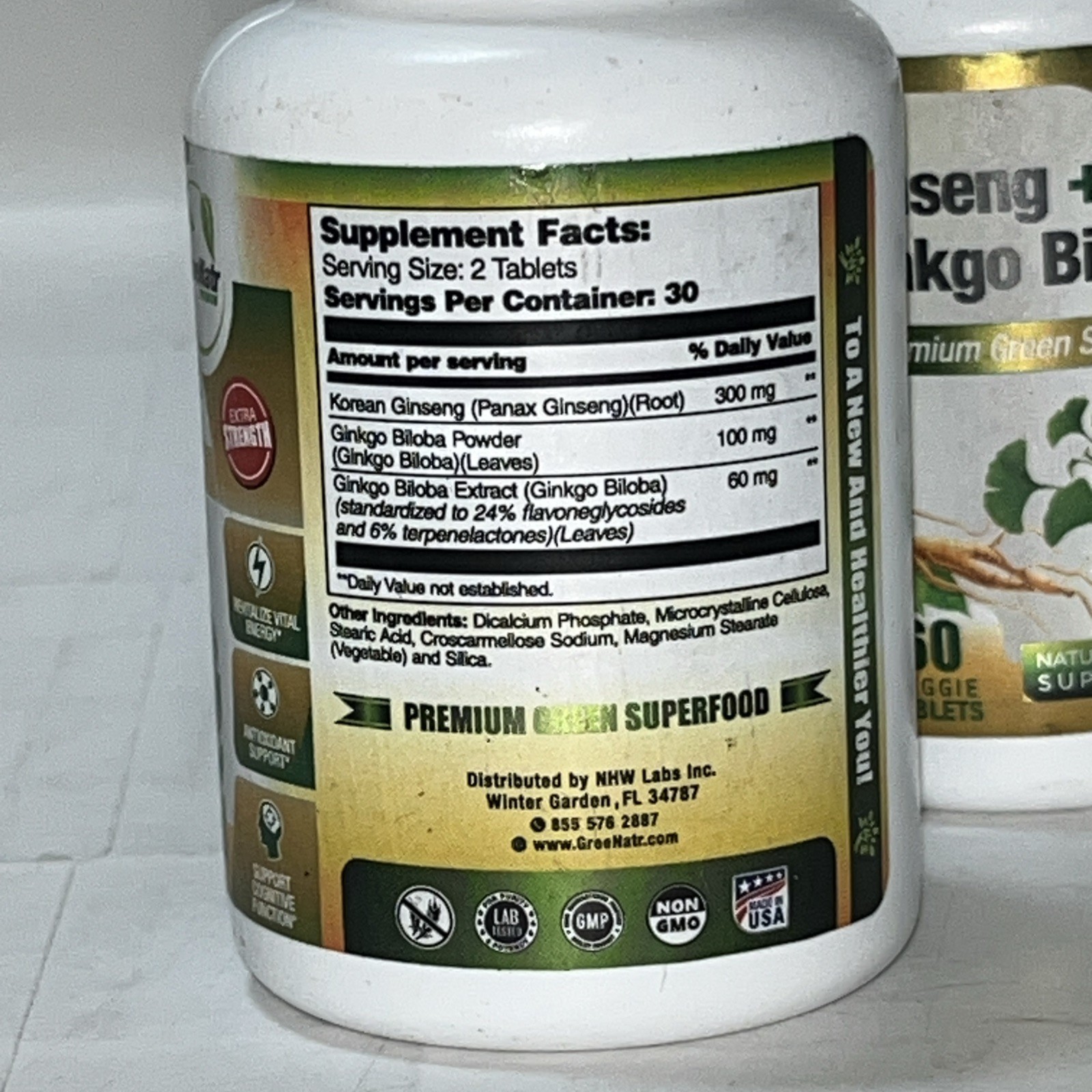 GreeNatr Premium Ginseng Ginkgo Biloba 60 Veggie Tablets Two Pack Exp4/2028