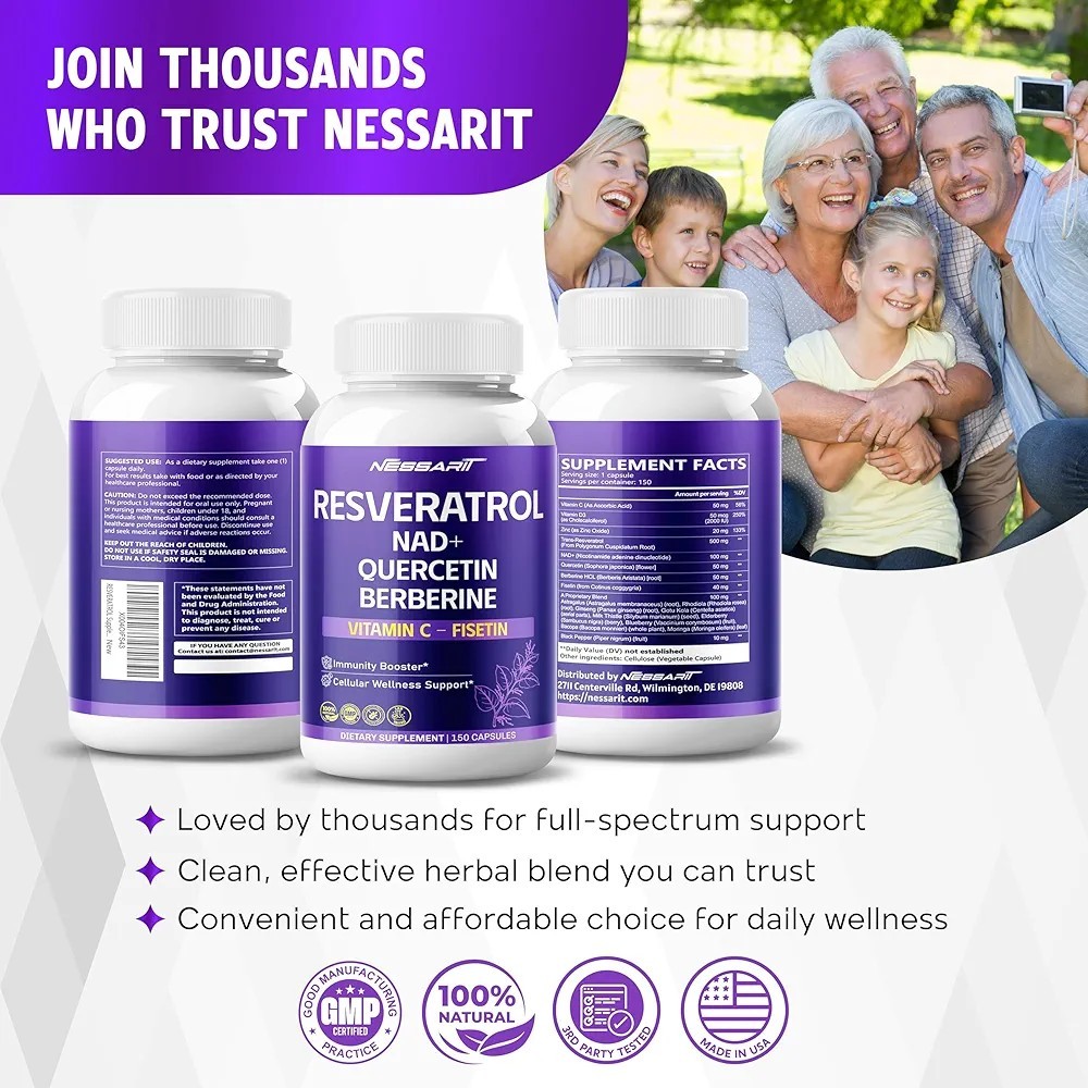 2 Nessarit 18-in-1 Natural Blend RESVERATROL w/ NAD, Quercetin, 150 Capsules