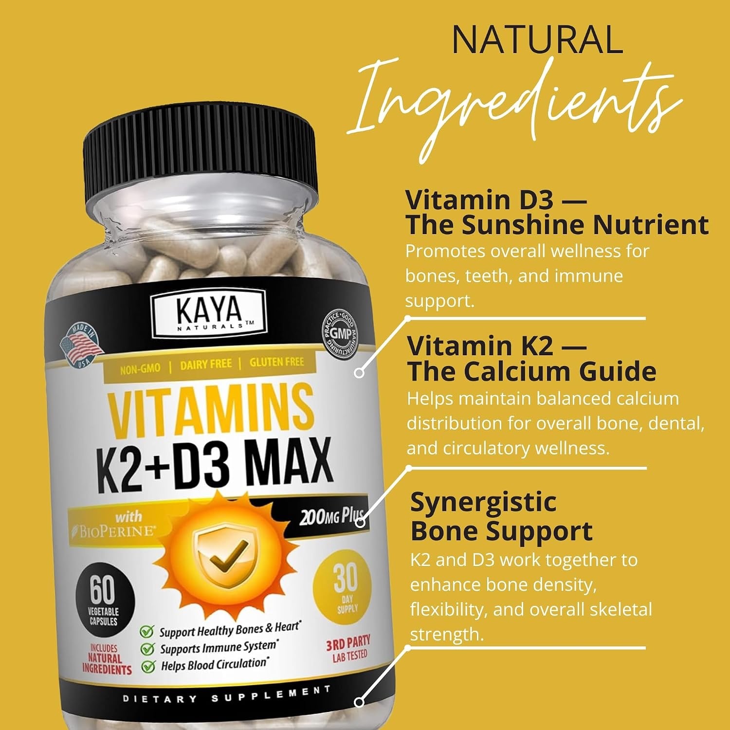 Kaya Naturals | Vitamin K2 + D3 | 60 Capsules | Gluten Free | Non-GMO
