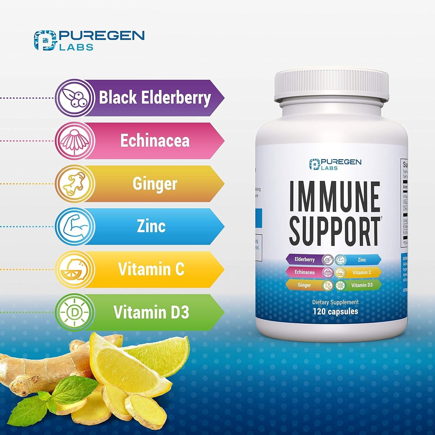 Puregen Labs Immune Support * Powerful 6 in 1 Supplement Blend * 120 Capsules