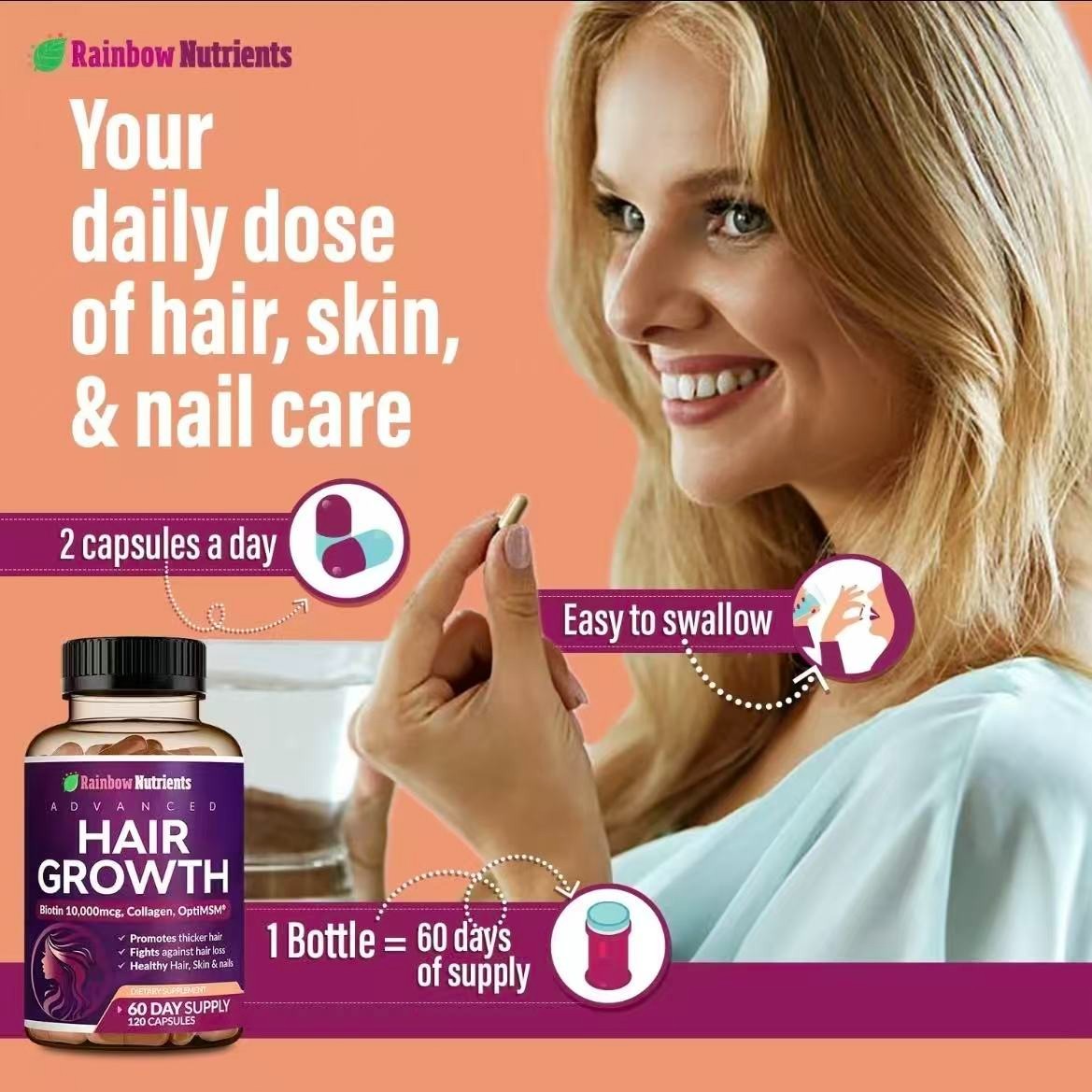 NEW Rainbow Nutrients Premium Hair Growth Vitamins – Biotin 10,000mcg, Collagen