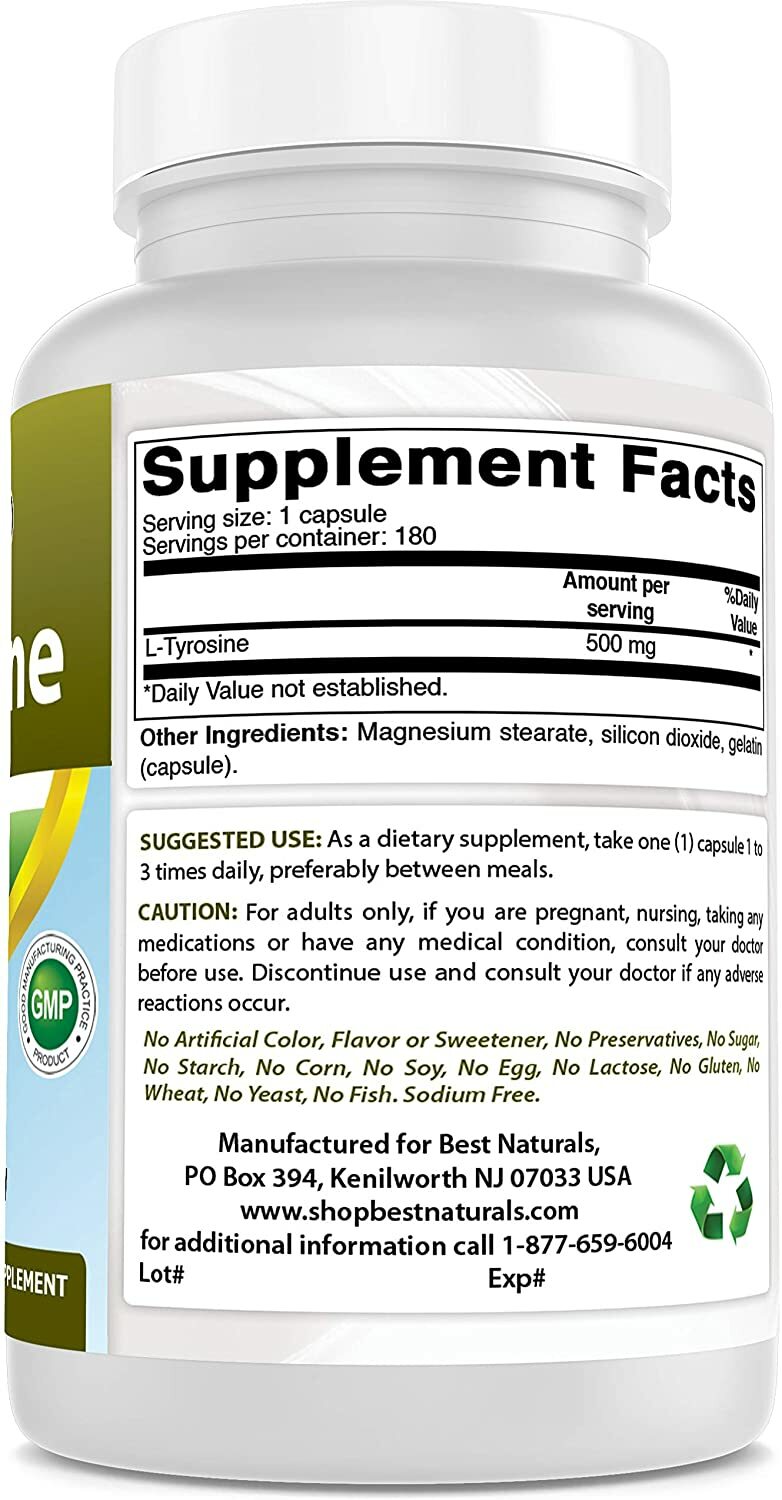 3 Pack Best Naturals L-Tyrosine 500 Mg 180 Capsules