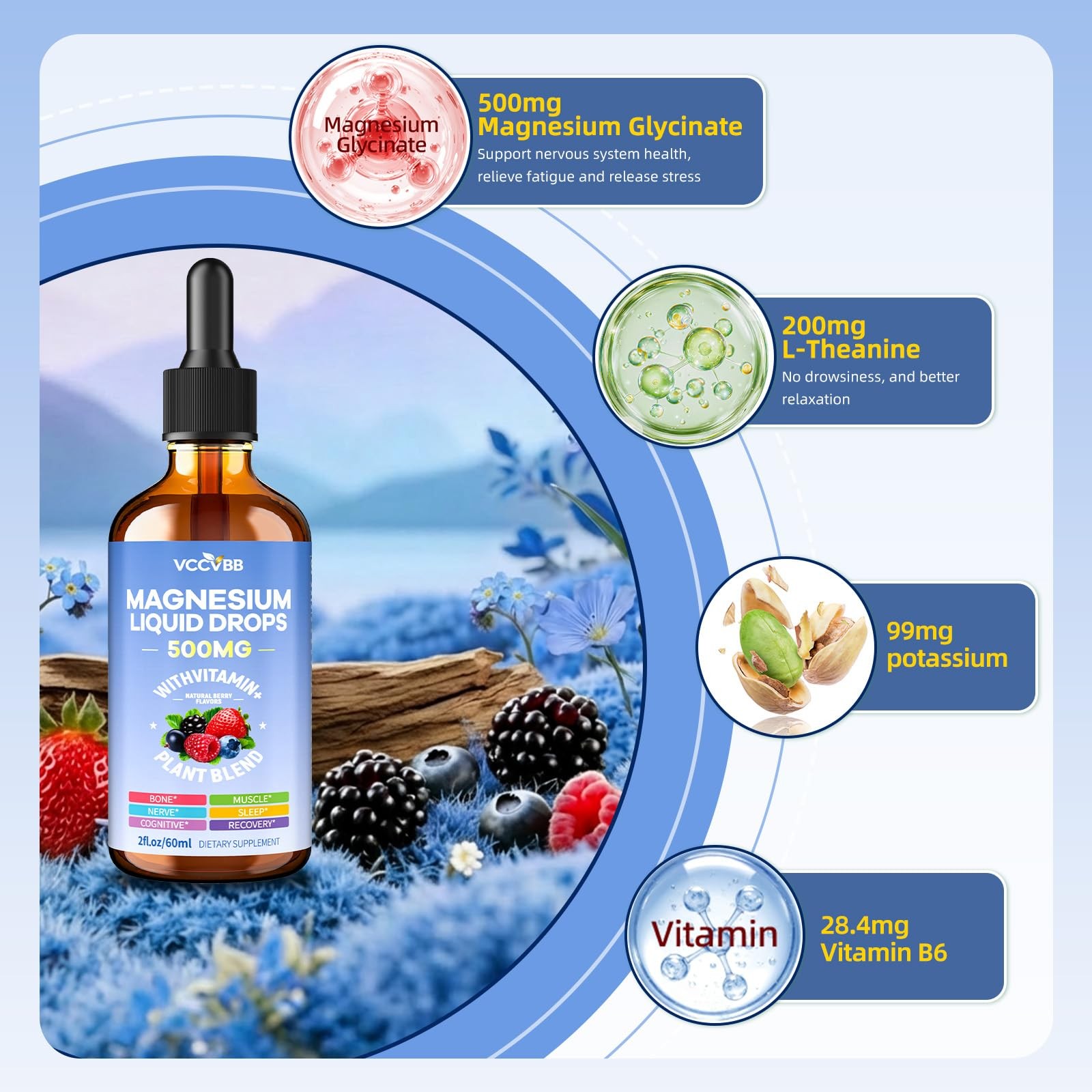 VCCVBB Magnesium Glycinate Liquid Drops 500mg Berry Flavor