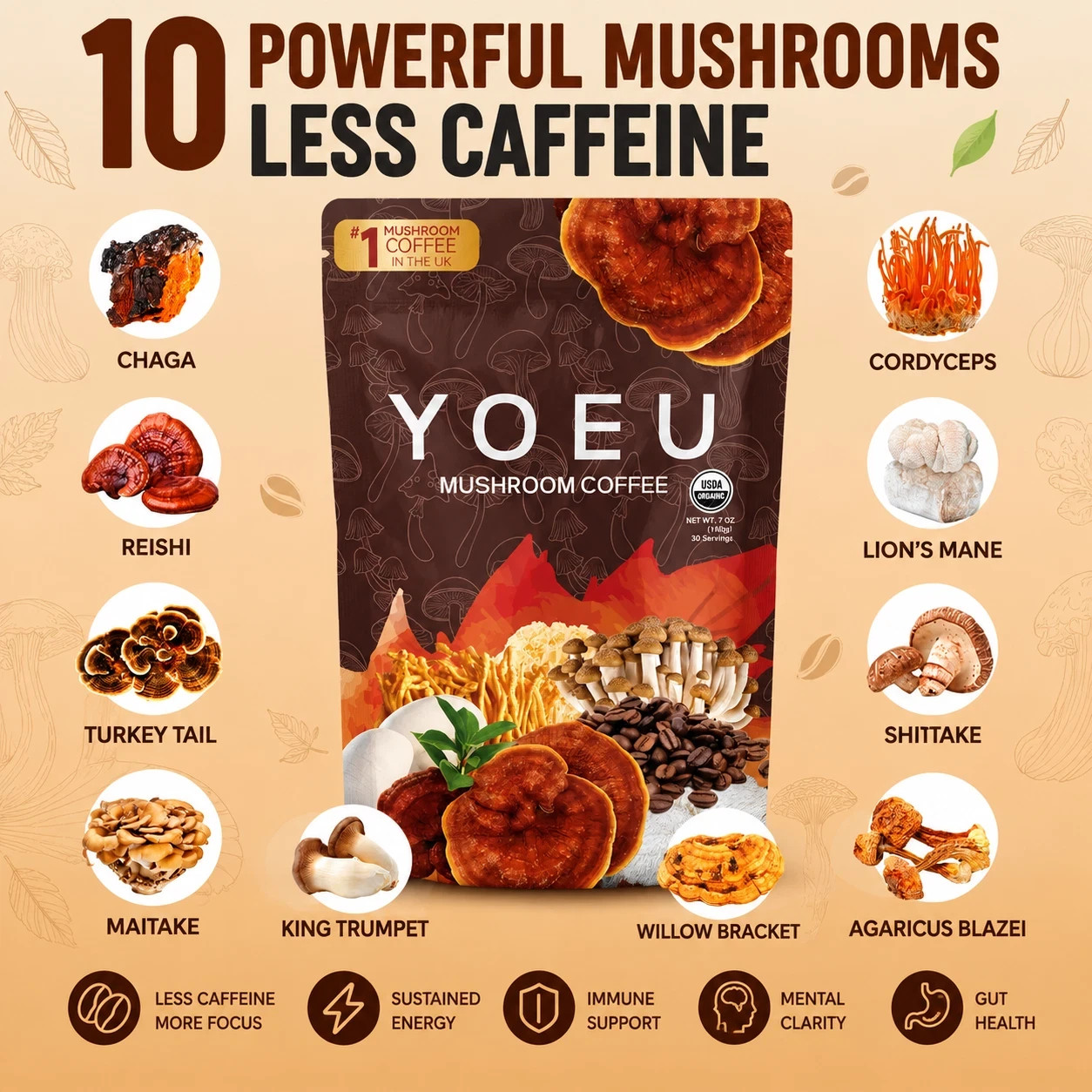 Mushroom Coffee USDA Organic with 6 Adaptogenic Mushrooms 30 servings New