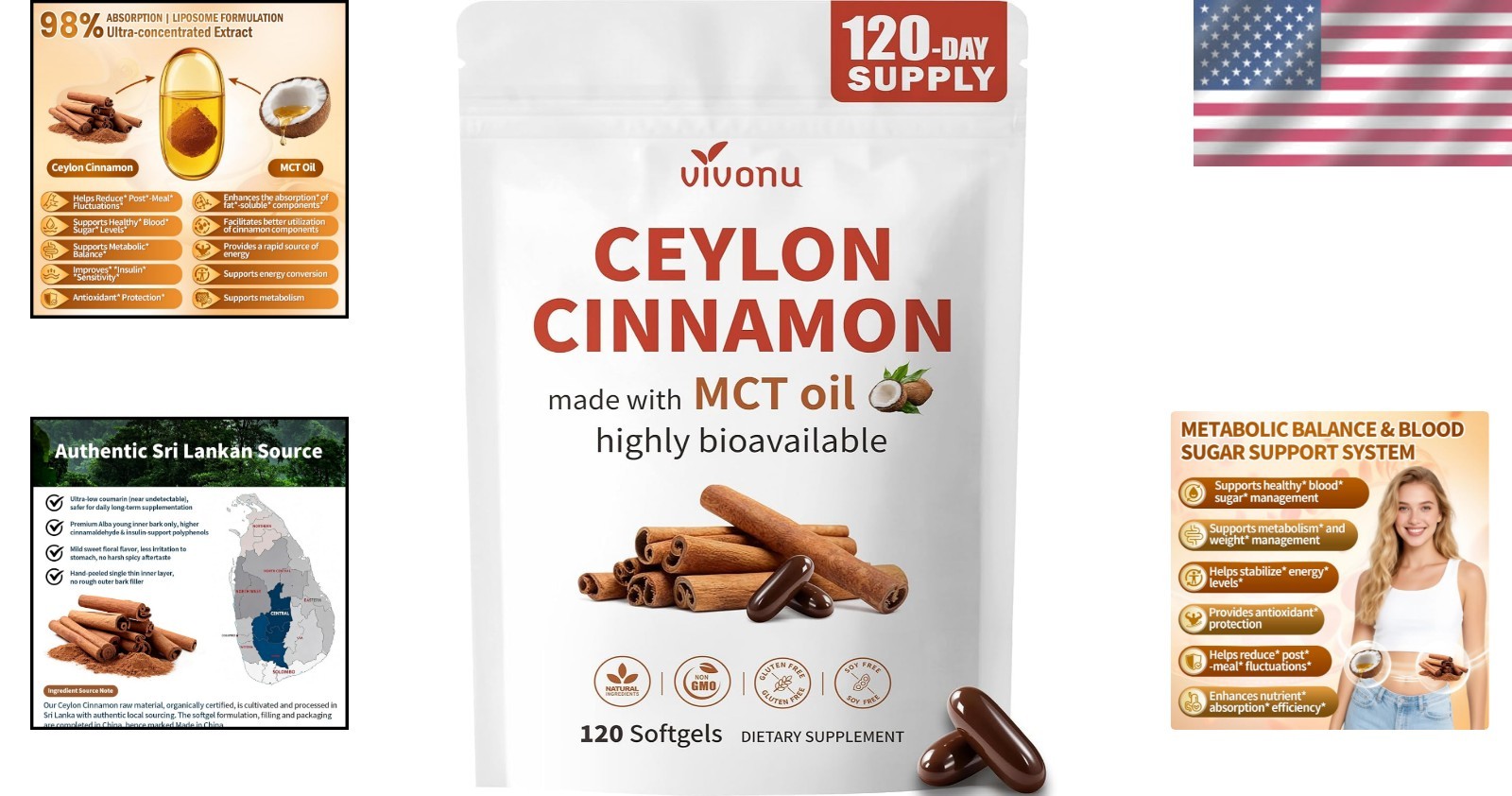 High Potency Organic Ceylon Cinnamon Softgels with MCT Oil, 120-Count Supply