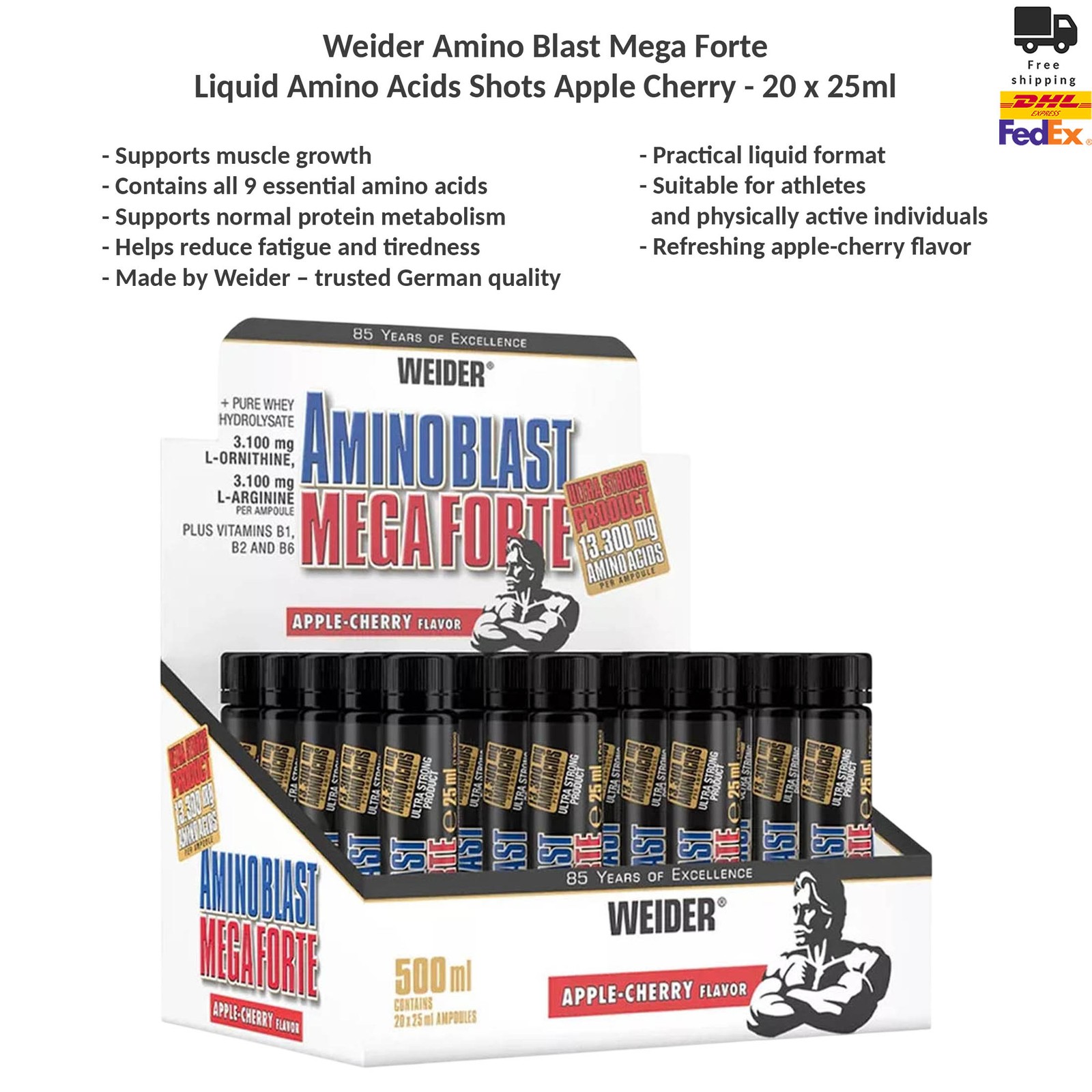 Weider Amino Blast Mega Forte 20x25ml Liquid Amino Acids Shots Apple Cherry