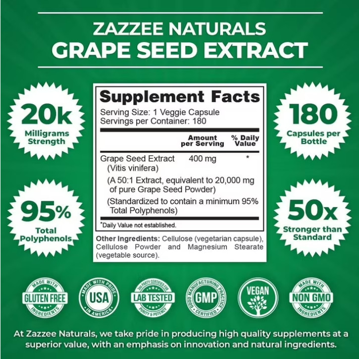 Grape Seed Extract 180 Veggie Capsules 400 mg 95% Polyphenols Antioxidant