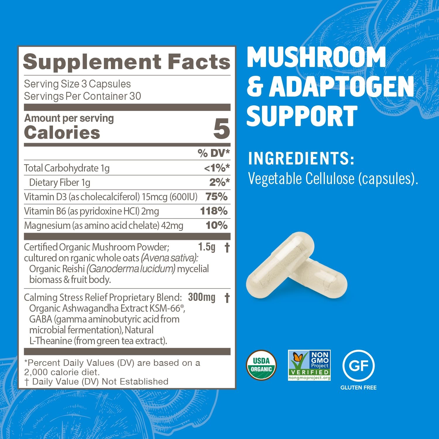 Om Mushroom Superfood Relax 90 Capsules Stress Relief Ashwagandha Sleep Support