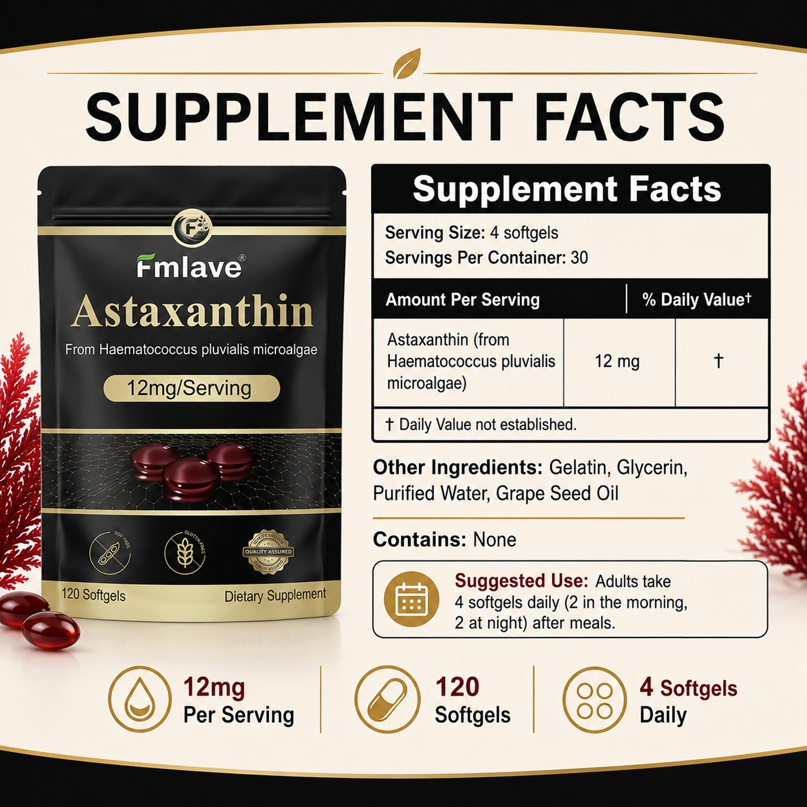Astaxanthin Supplement from Algae Antioxidant Activity, Skin & Eye Health 120 ct