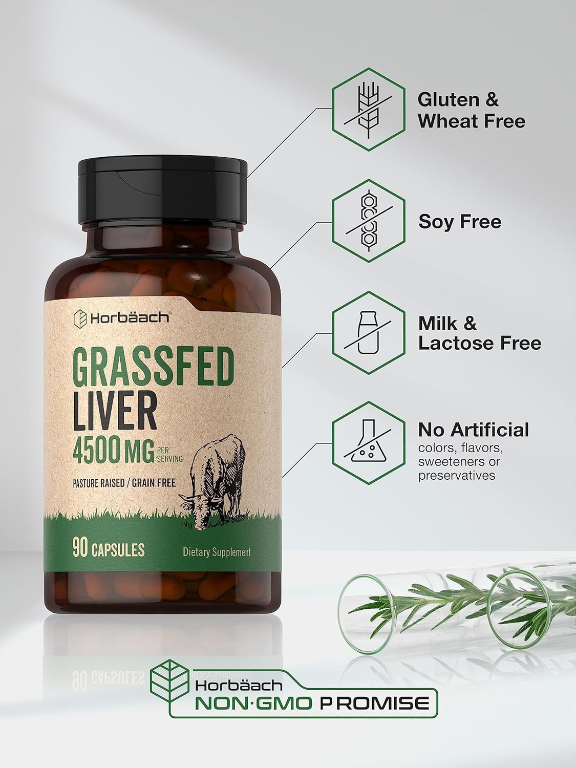 Grass Fed Beef Liver Supplement 4500mg, 90 Count Pasture Raised Non-GMO Horbaach