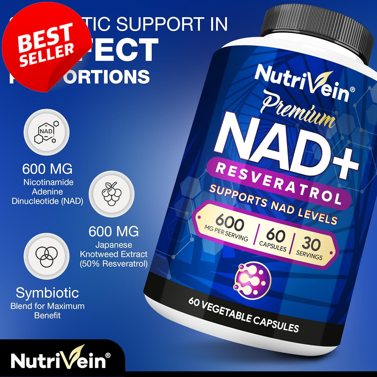 Premium NAD Resveratrol Supplement 600mg 60 Capsules for Energy Cognition US