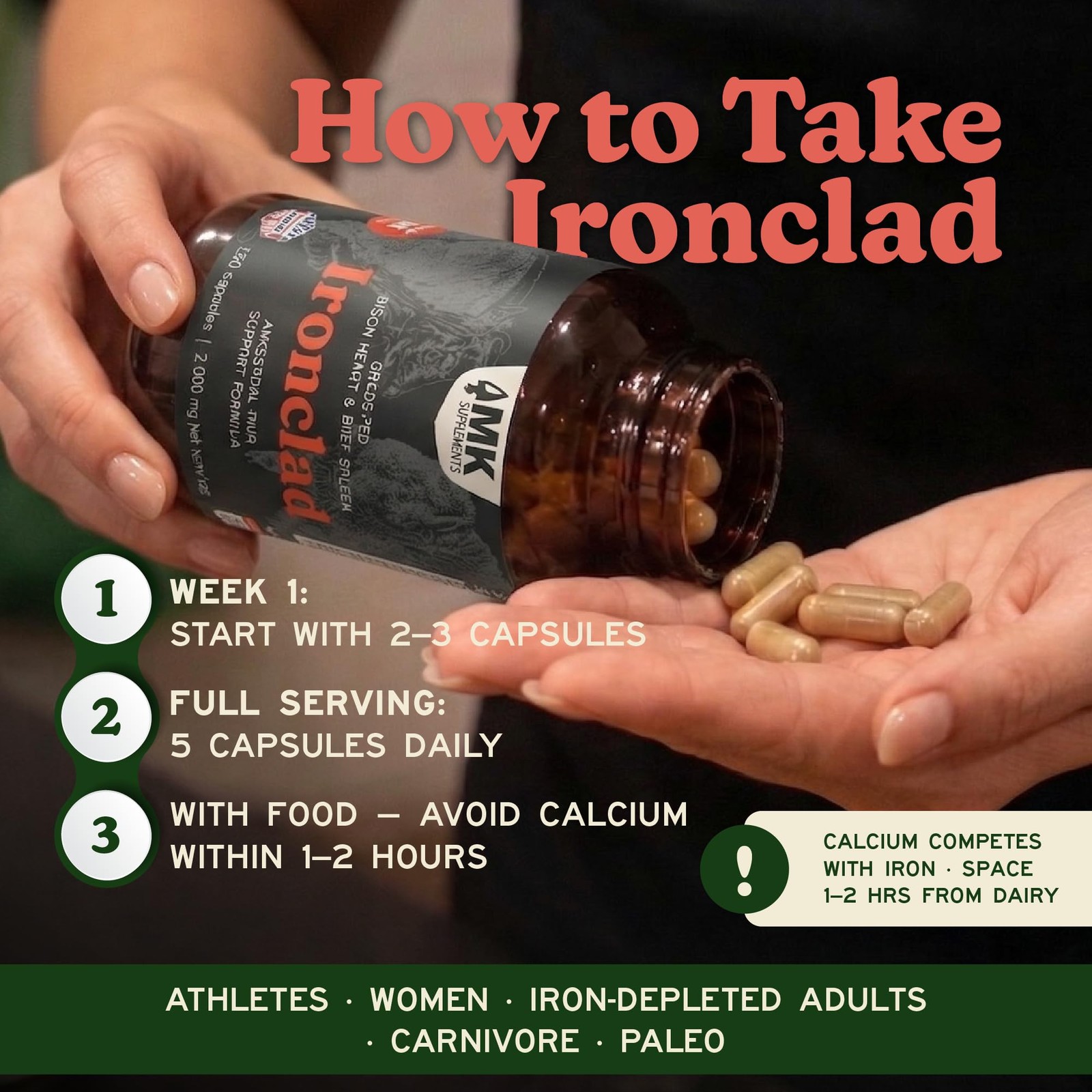 MK Supplements IRONCLAD | Beef Spleen & Bison Heart Capsules | ~58% DV Heme I…