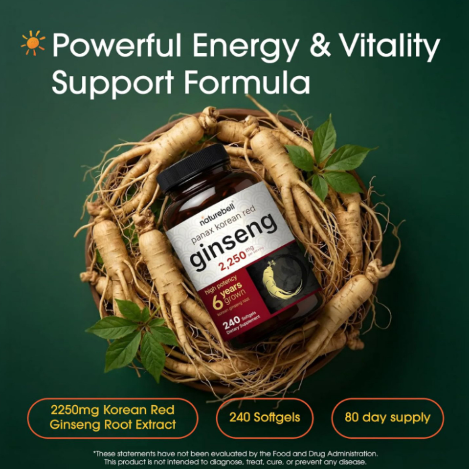 Panax rojo coreano Ginseng 2250mg para energía, rendimiento y enfoque mental