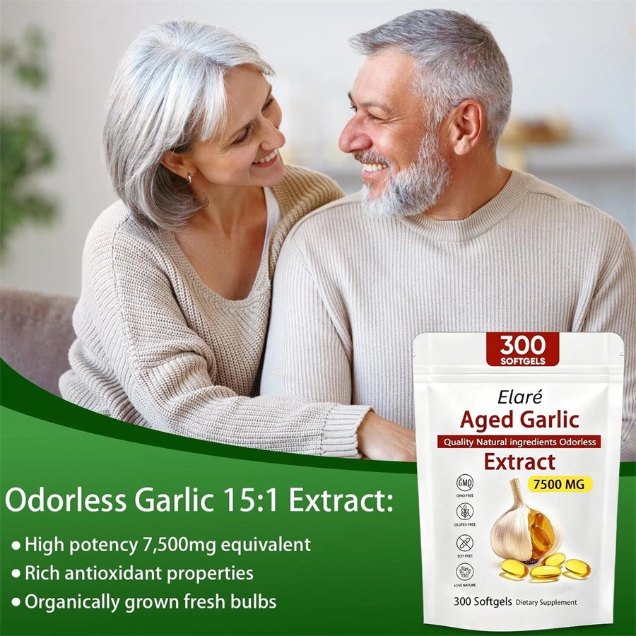 1-5X Elare Aged Garlic Extract, 300 Softgels, 7500mg Odorless | Heart & Immune