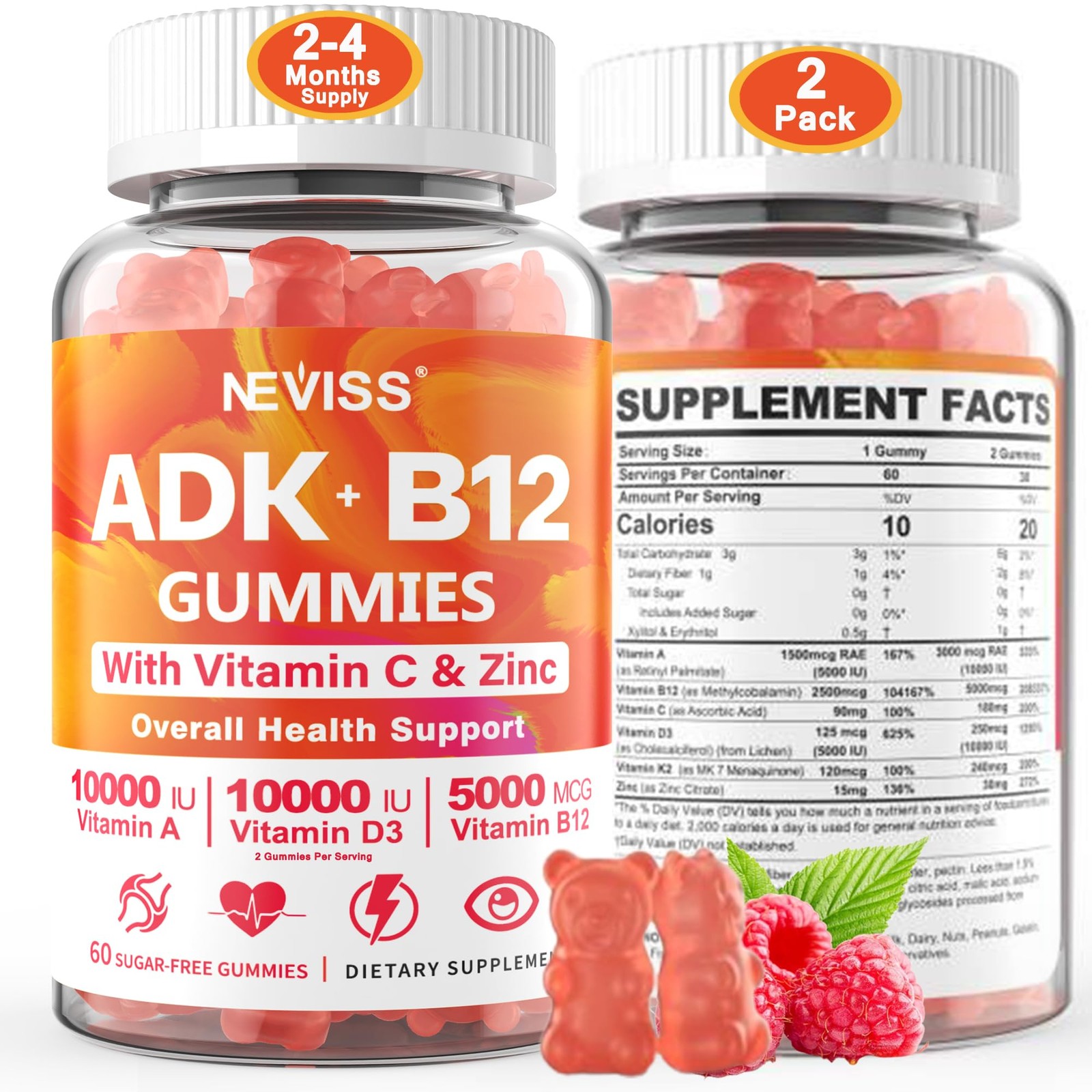 Sugar-Free ADK+Vitamin B12 Gummies – Vitamin D3 K2 60 Count (Pack of 2)