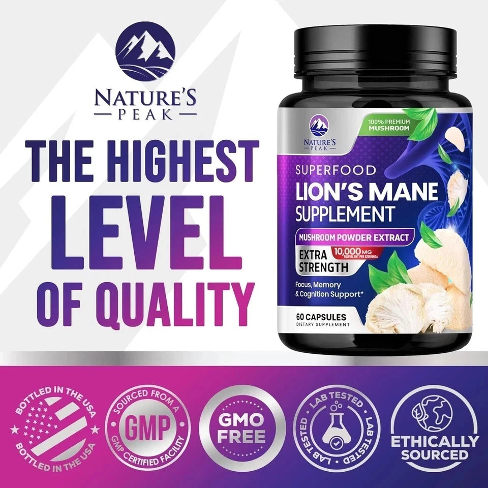 Lions Mane Supplement Capsules 10,000mg, Premium Lions Mane Mushroom for Support