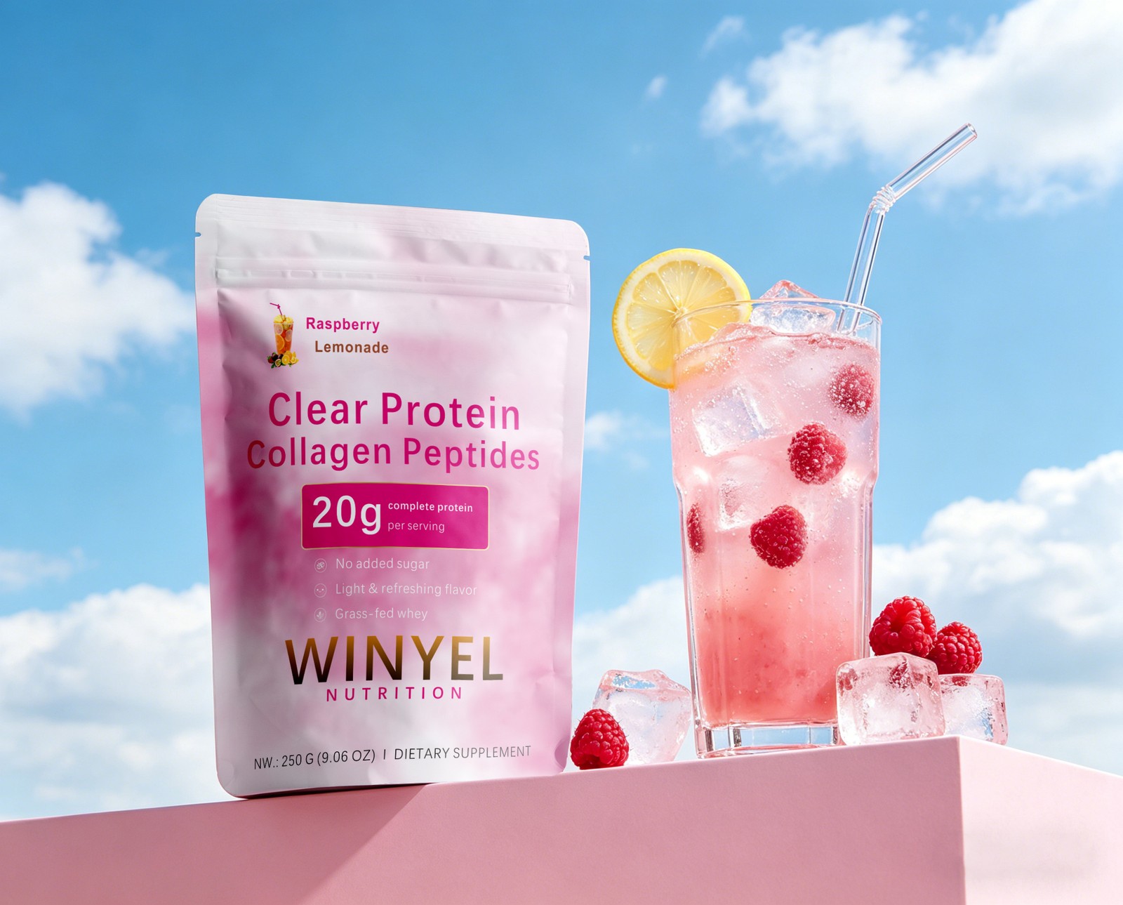 WINYEL Clear Whey Protein Collagen Peptides 20g Raspberry Lemonade 250g